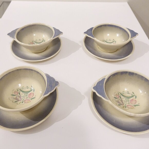 SOLD - Set of 4 Susie Cooper Blue Dresden Spray Cream Soup bowls with Liners - Picture 1 of 7